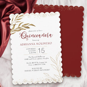 Invitation Quinceanera Elegant feuille rouge et or