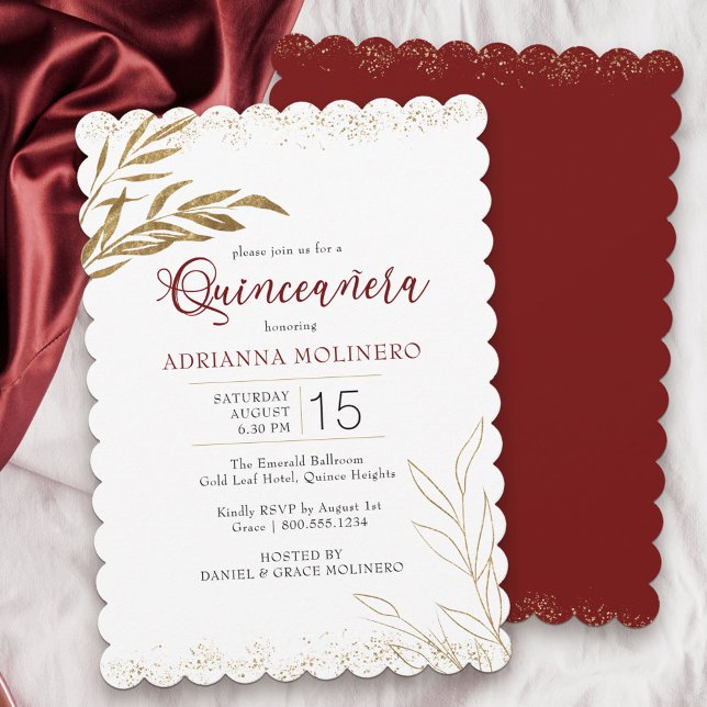 Invitation Quinceanera Elegant feuille rouge et or (Modern Quinceanera invitation in white, red and gold from my Gold Leaf Collection)