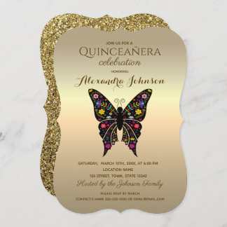 Invitation Quinceanera Elegant Noir et Or