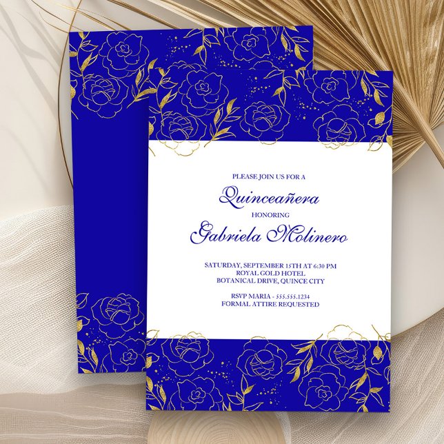 Invitation Quinceanera Elegant Royal Blue et Gold Floral (Quinceanera Invitation from my Elegant Gold Flowers Quinceanera Collection)