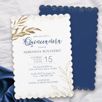 Quinceanera Elegant Royal Blue et Gold Leaf