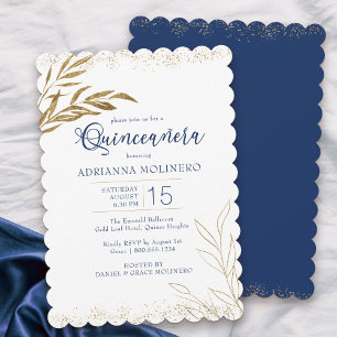 Invitation Quinceanera Elegant Royal Blue et Gold Leaf