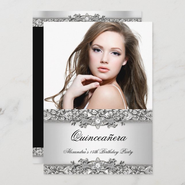 Invitation Quinceanera Elegant Silver White Diamond Photo (Devant / Derrière)