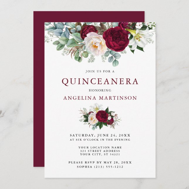Invitation Quinceanera Elégante aquarelle Bourgogne Floral (Devant / Derrière)