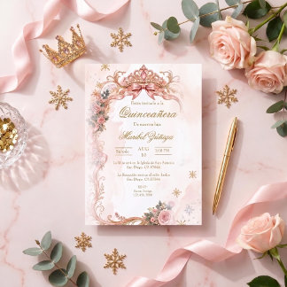 Invitation Quinceañera élégante rose et or