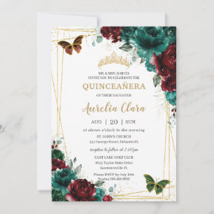 Invitation Quinceanera Emerald Bourgogne papillons floraux