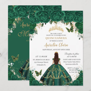 Invitation Quinceañera Emerald Floral Princess Gold Crown