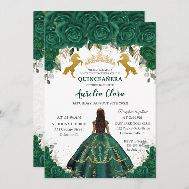 Invitation Quinceañera Emerald Floral Princess Gold Hors (Devant / Derrière)