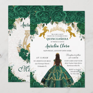 Invitation Quinceañera Emerald Floral Princess Gold Hors