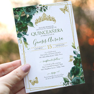 Invitation Quinceañera Emerald Forest Green Gold Butterfly