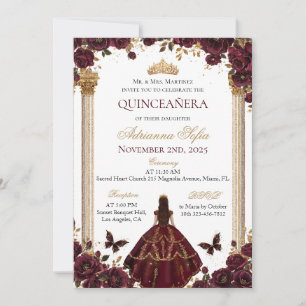 Invitation Quinceañera Emerald Gold Burgundy Princesse Rose