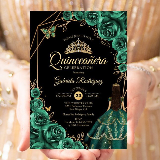 Invitation Quinceanera Emerald Gold Gold Dress Floral  (Créateur téléchargé)