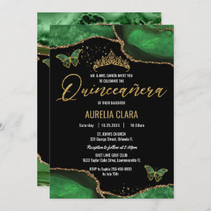 Invitation Quinceañera Emerald Green Agate Marbre Papillons