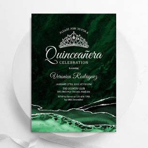 Invitation Quinceanera Emerald Green Argent Agate Marbre