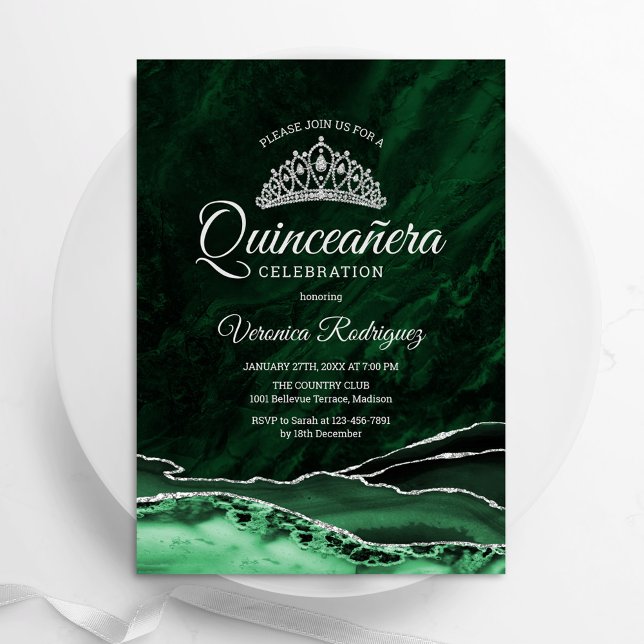 Invitation Quinceanera Emerald Green Argent Agate Marbre (Créateur téléchargé)