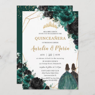 Invitation Quinceañera Emerald Green Black Floral Rose Twins