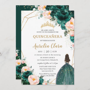 Invitation Quinceañera Emerald Green Blush Floral Princess