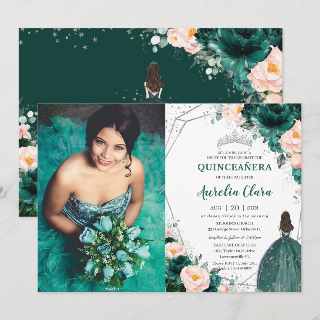 Invitation Quinceañera Emerald Green Blush Floral Princess (Devant / Derrière)