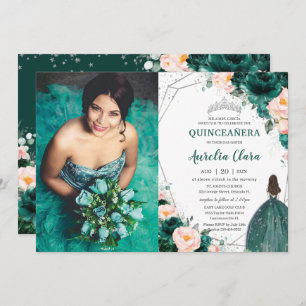 Invitation Quinceañera Emerald Green Blush Floral Princess