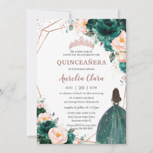 Invitation Quinceañera Emerald Green Blush Floral Rose Gold