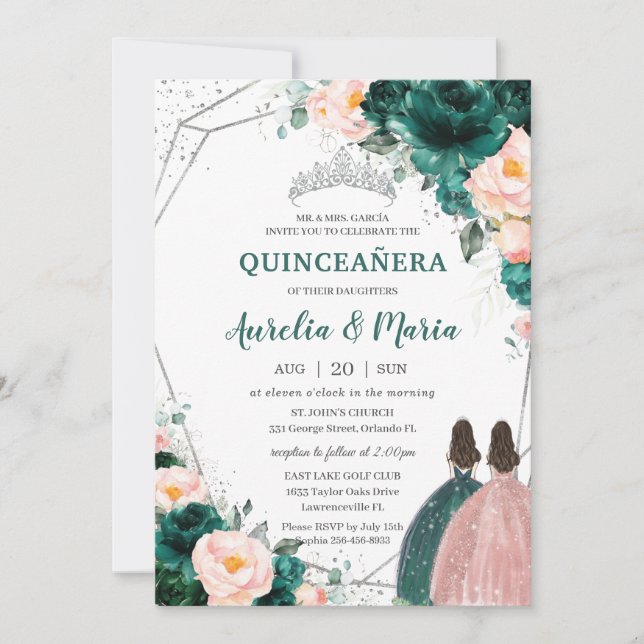 Invitation Quinceañera Emerald Green Blush Floral Twins (Devant)