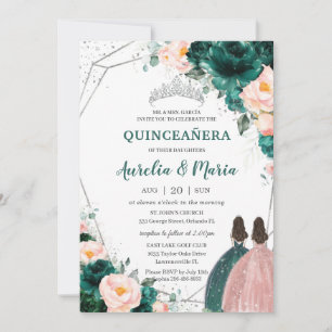 Invitation Quinceañera Emerald Green Blush Floral Twins