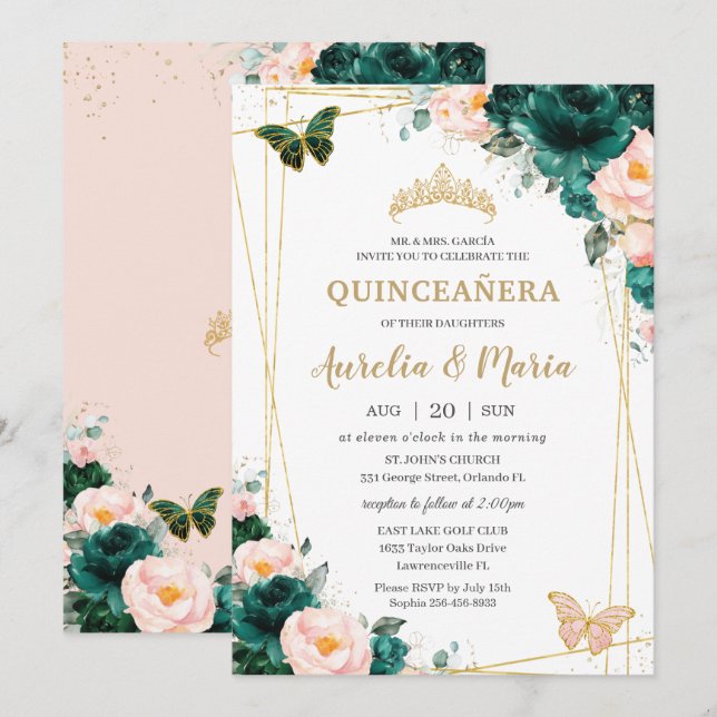 Invitation Quinceañera Emerald Green Blush Floral Twins (Devant / Derrière)