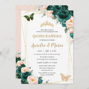 Invitation Quinceañera Emerald Green Blush Floral Twins