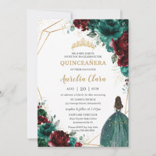 Invitation Quinceañera Emerald Green Bourgogne Floral Or
