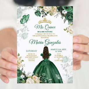 Invitation Quinceañera Emerald Green Butterfly Gold Crown