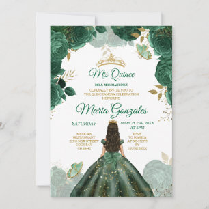 Invitation Quinceañera Emerald Green Butterfly Gold Crown