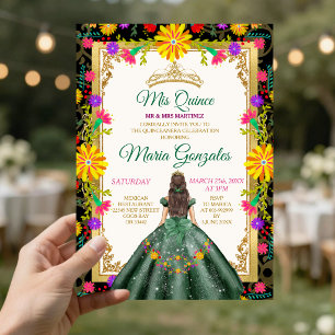 Invitation Quinceanera Emerald Green Fleur colorée Anniversai