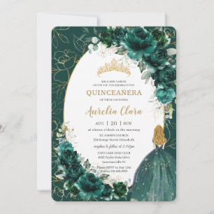 Invitation Quinceañera Emerald Green Floral Blonde Princesse