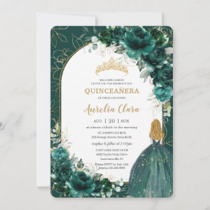 Invitation Quinceañera Emerald Green Floral Blonde Princesse