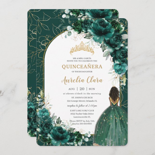 Invitation Quinceañera Emerald Green Floral Brown Princesse (Devant / Derrière)