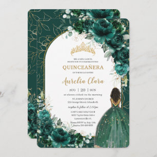 Invitation Quinceañera Emerald Green Floral Brown Princesse