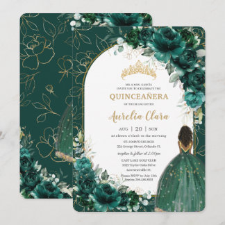 Invitation Quinceañera Emerald Green Floral Brown Princesse