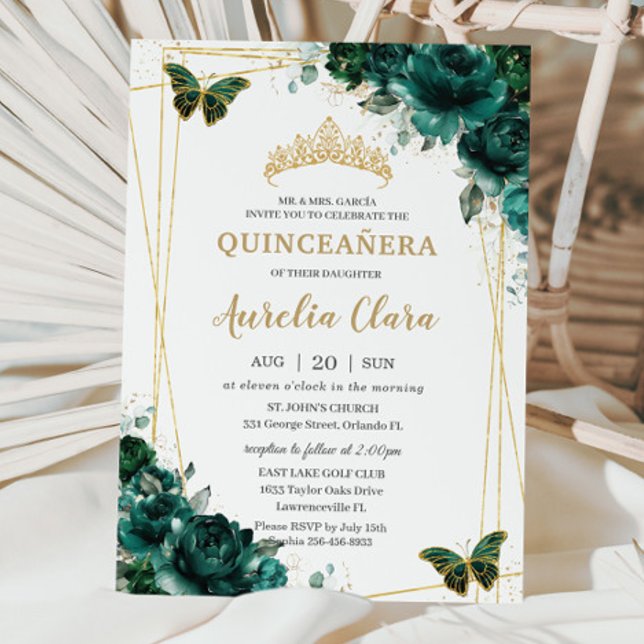 Invitation Quinceañera Emerald Green Floral Butterflies Tiara (Créateur téléchargé)