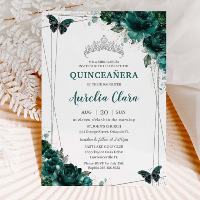 Invitation Quinceañera Emerald Green Floral Butterflies Tiara (Créateur téléchargé)