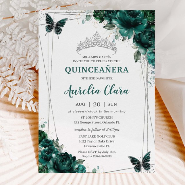Invitation Quinceañera Emerald Green Floral Butterflies Tiara (Créateur téléchargé)