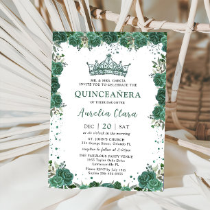 Invitation Quinceañera Emerald Green Floral Crown Anniversair
