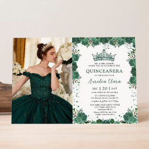 Invitation Quinceañera Emerald Green Floral Crown Anniversair