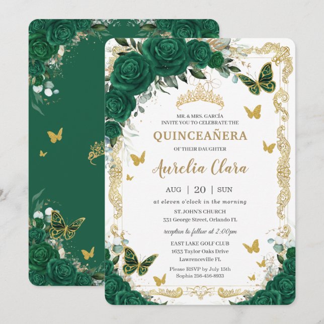 Invitation Quinceañera Emerald Green Floral Gold Butterflies (Devant / Derrière)