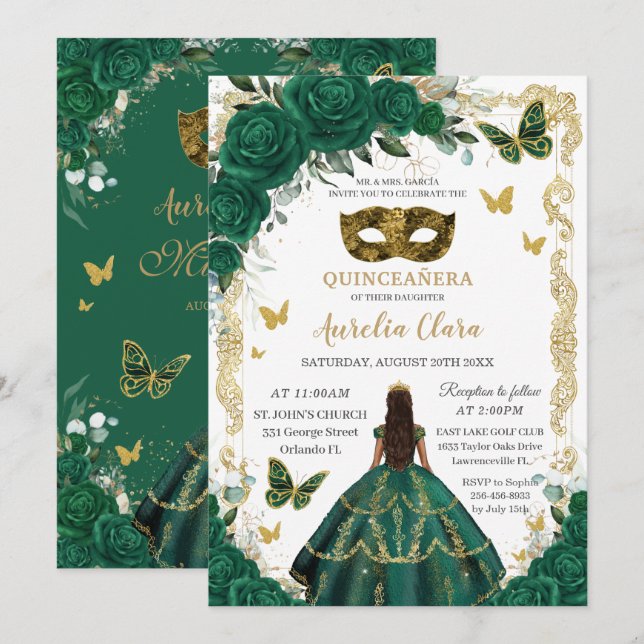 Invitation Quinceañera Emerald Green Floral Gold Masquerade (Devant / Derrière)