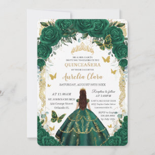Invitation Quinceañera Emerald Green Floral Gold Princess