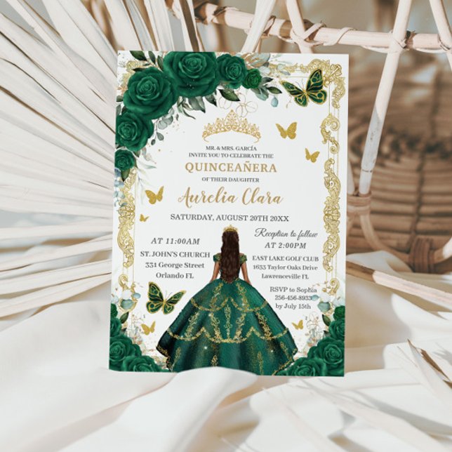 Invitation Quinceañera Emerald Green Floral Gold Princess (Créateur téléchargé)