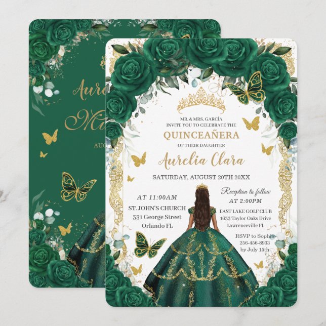 Invitation Quinceañera Emerald Green Floral Gold Princess In (Devant / Derrière)