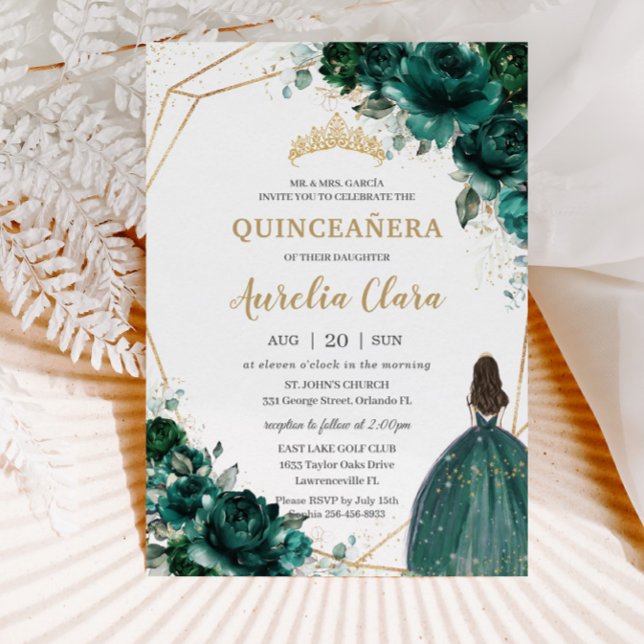 Invitation Quinceañera Emerald Green Floral Gold Princess Inv (Créateur téléchargé)