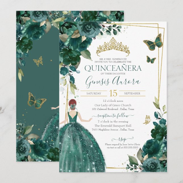 Invitation Quinceañera Emerald Green Floral Papillons Robe (Devant / Derrière)