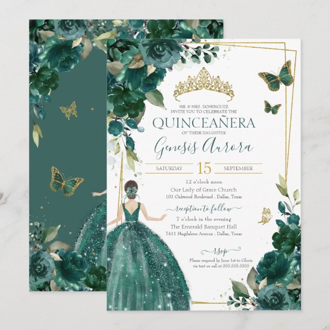 Invitation Quinceañera Emerald Green Floral Papillons Robe (Devant / Derrière)